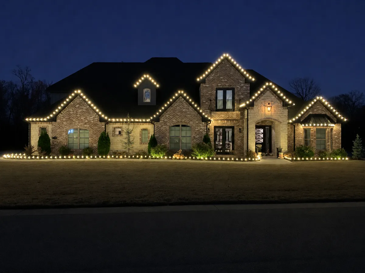 Home with professional Christmas lighting installed on the rooflines and landscaping